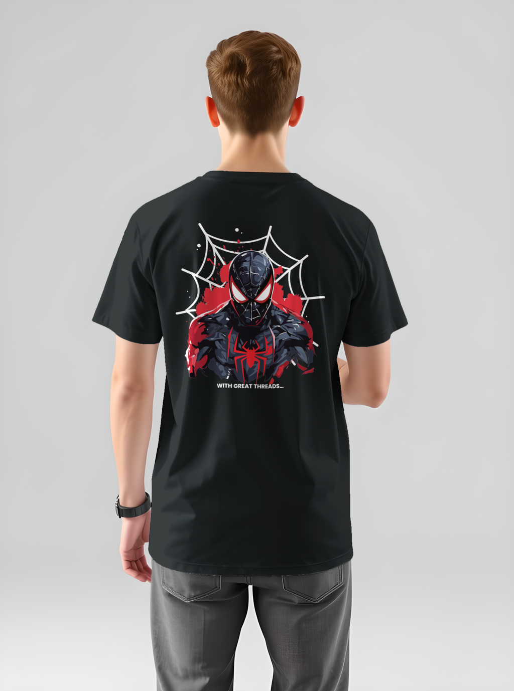 Black Spidy Printed Pure Cotton T-Shirt