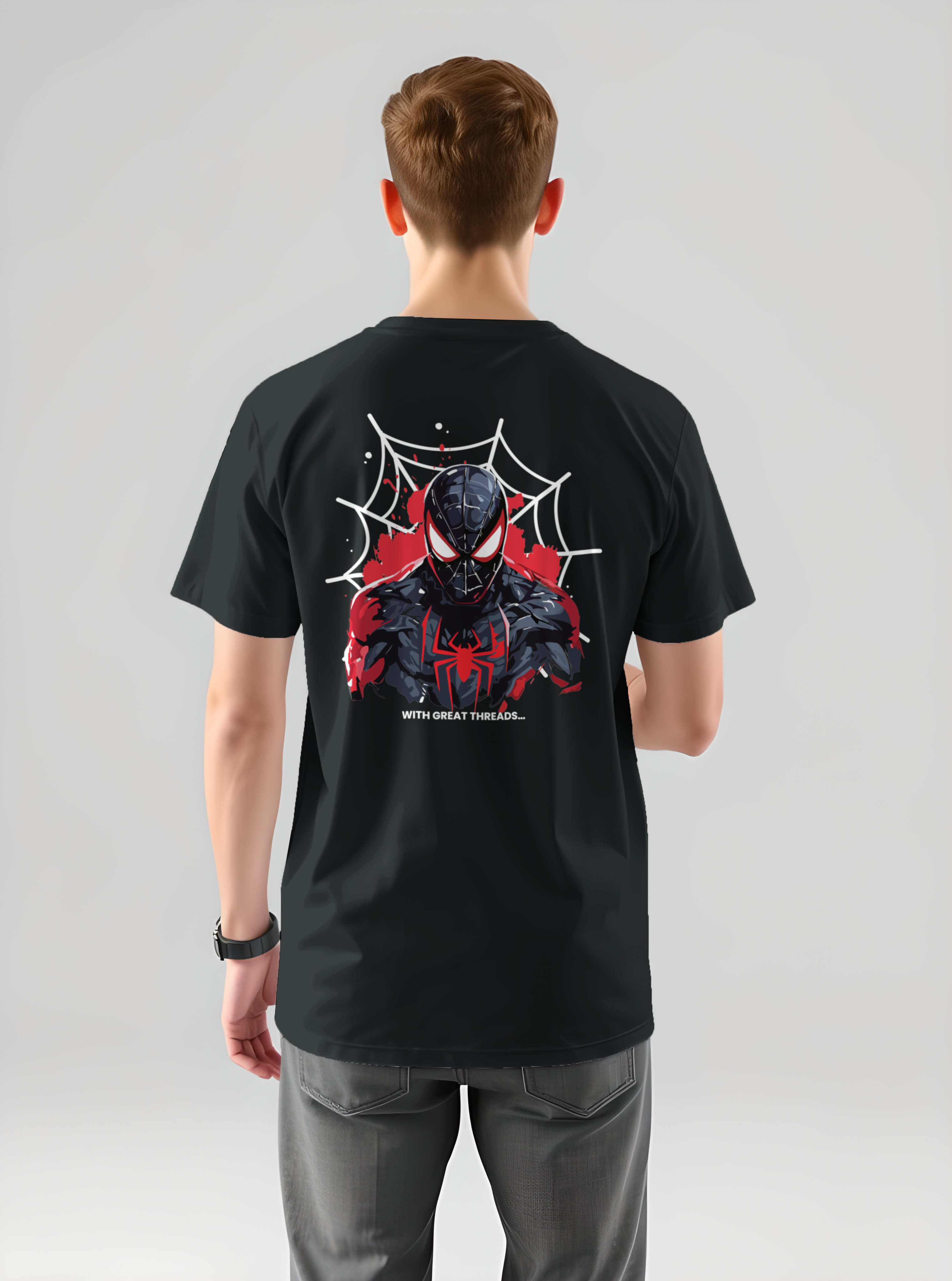 Black Spidy Printed Pure Cotton T-Shirt